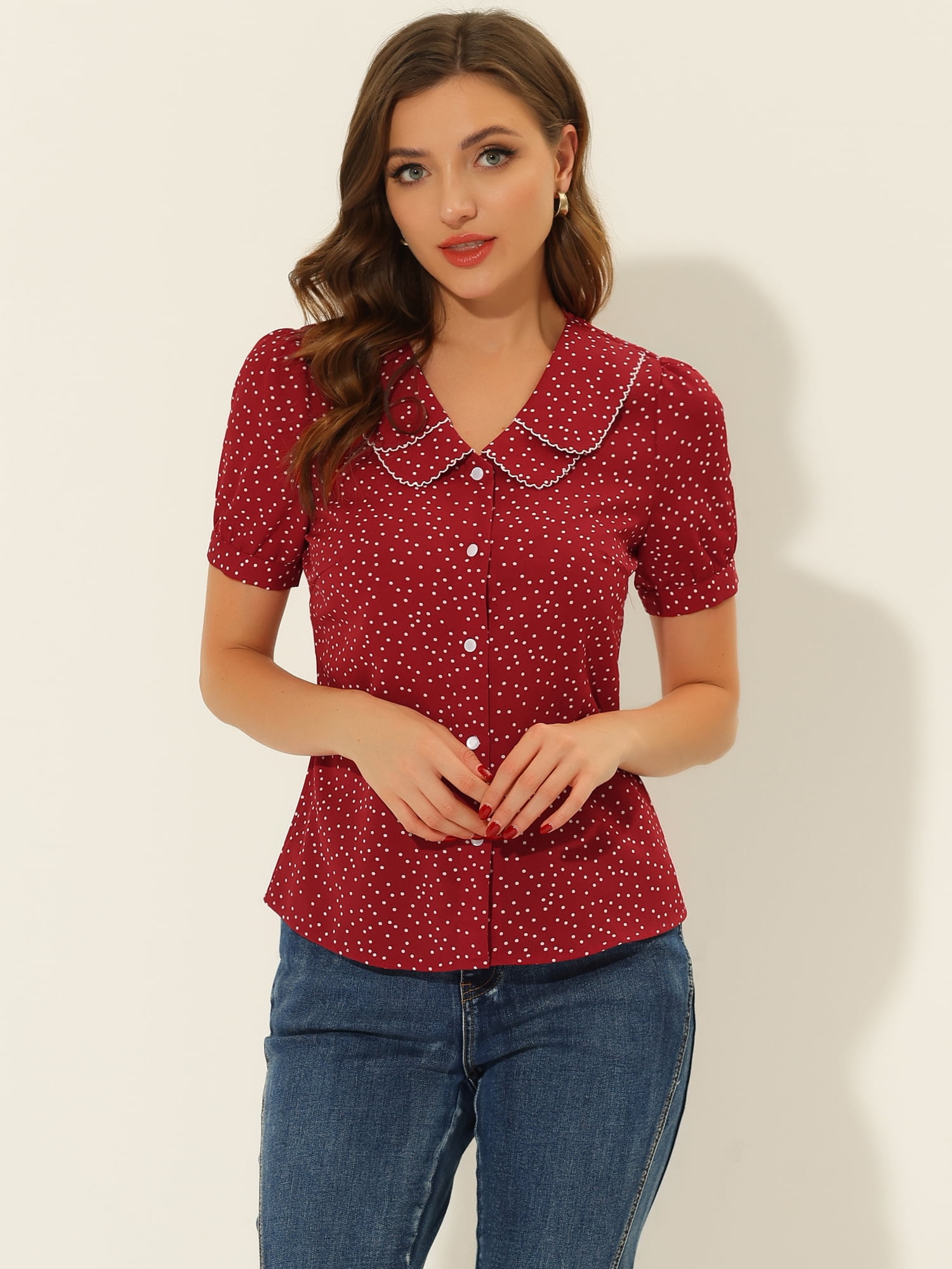 DARING DIVA Women's Polka Dots Peter Pan Collar Puff Sleeve Shirt 3XL Red