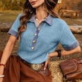 thumbnail image 4 of Miluxas Women's Summer Short Sleeve Tops Button-Up Collared Shirts with Linen and Denim Contrast Collar Trendy Business Casual Tunic Blouse Light Blue, 4 of 8