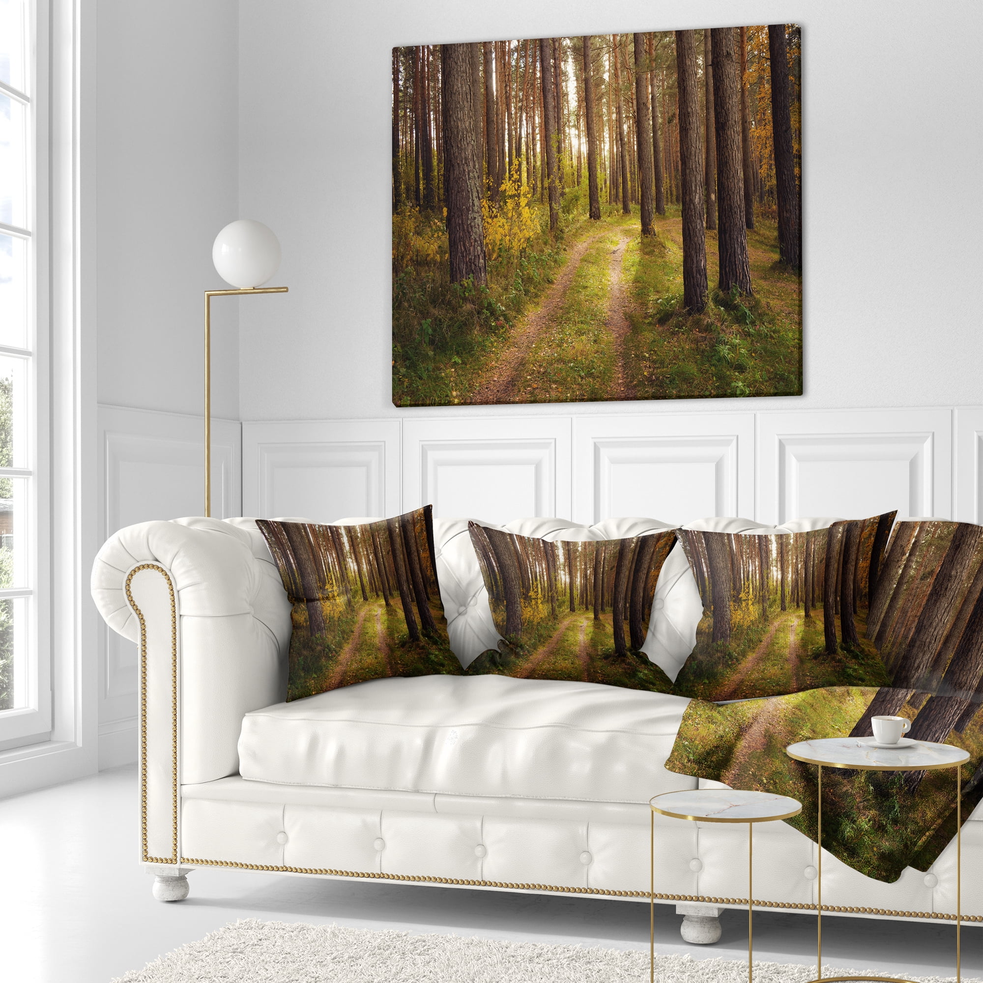 Designart Road through Thick Fall Forest - Modern Forest Throw Pillow - 16x16