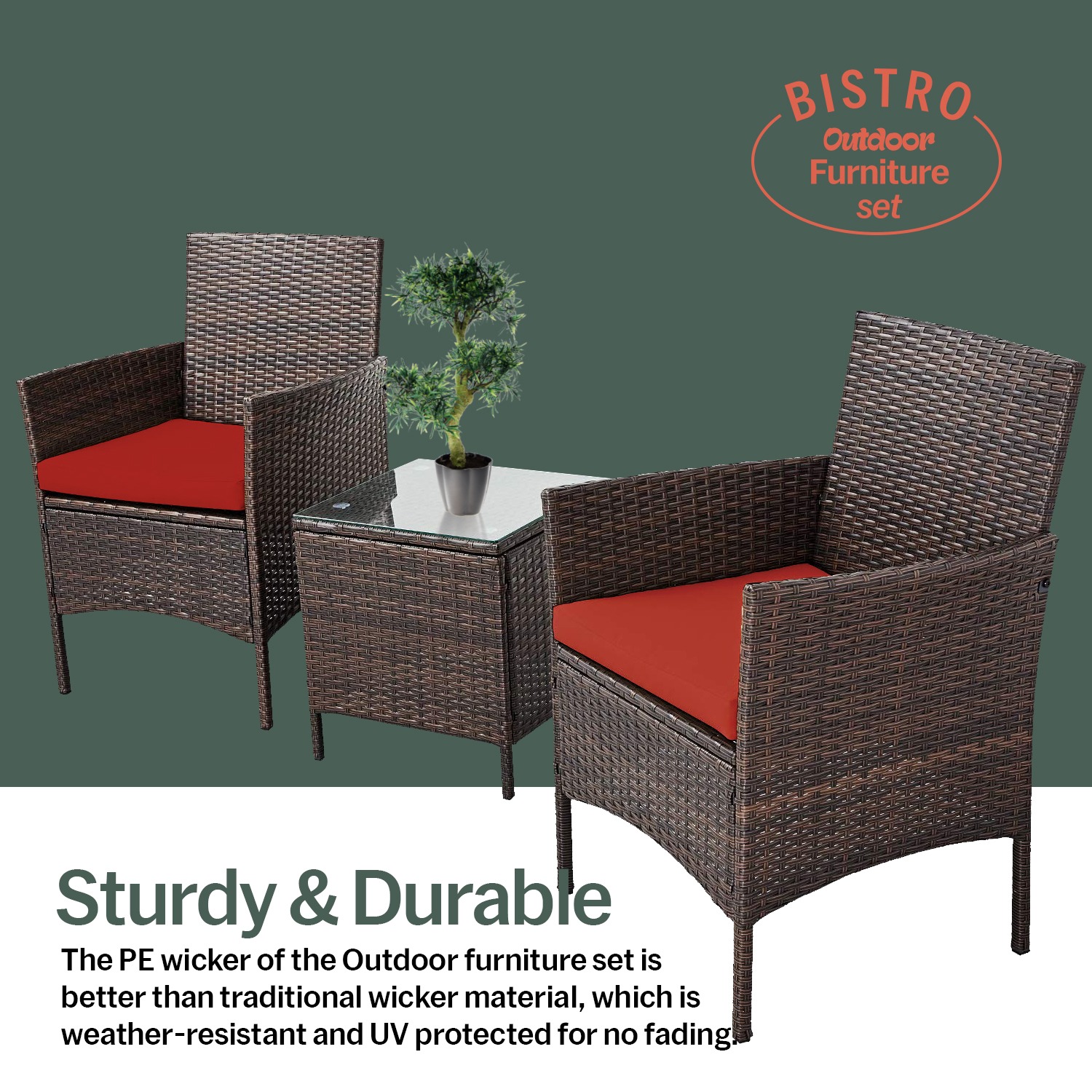 Zoey 3 Piece Stylish Design Rattan Furniture Set – 2 Relaxing Soft Cushion Chairs With a Cafe Table - Red - image 3 of 10