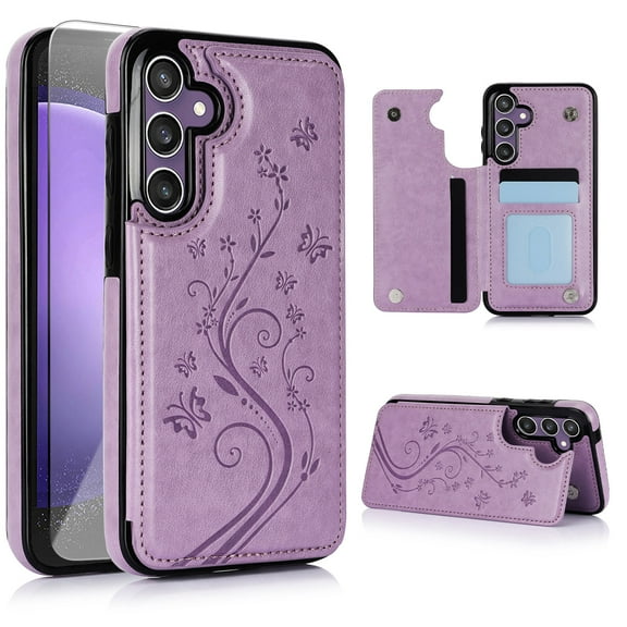 Dteck for Samsung Galaxy S25  Case with Tempered Glass Screen Protector,Flower Pattern Magnetic Back Flip Case Phone Cover for Samsung Galaxy S25 Plus Wallet Case for Women Men,Purple