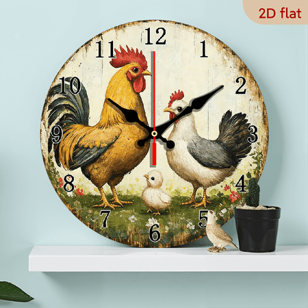 2D Flat 1pc Wooden Farm Chicken Wall Clock with Rooster Hens - Silent Quartz Movement, - Numbers, Round Wood Clock Suitable for Farmhouse, Room, Kitchen, Office - Artificial Wood Frame