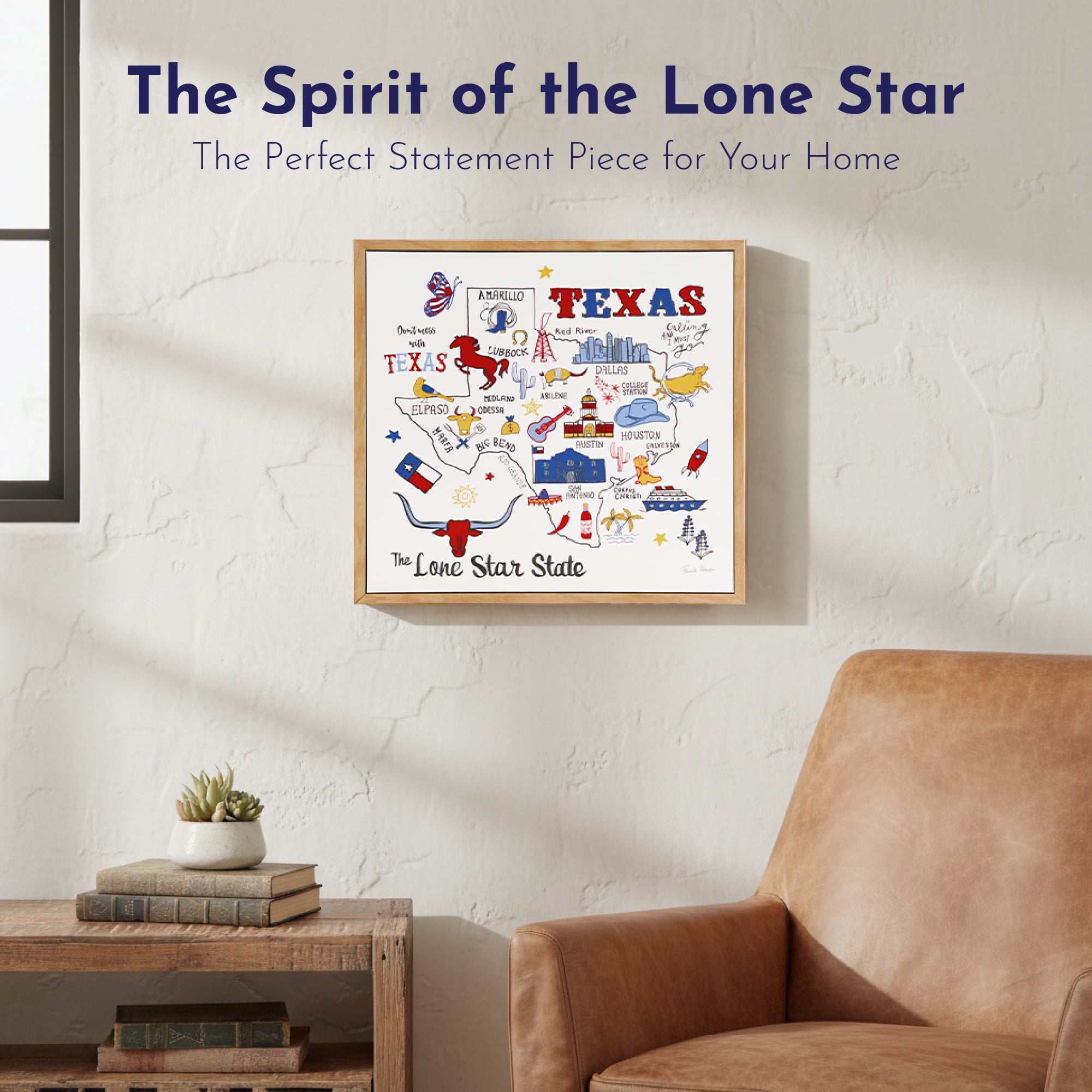 Crystal Art Gallery 15x15 Texas Canvas Framed Wall Art Decor with Texas State Outline, Rustic Farmhouse Americana Home Wall Decor