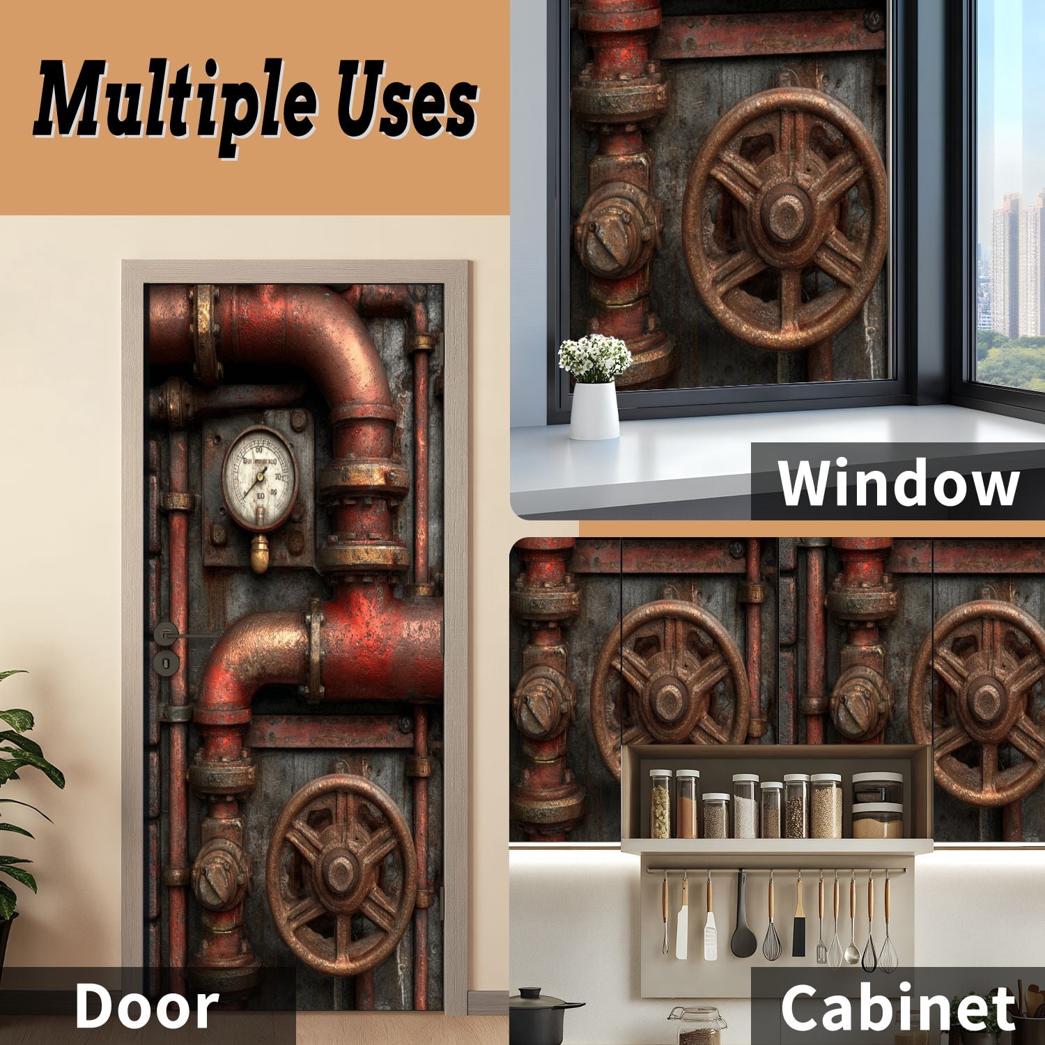 Self Adhesive Vinyl Refrigerator Wrap Set vintage steampunk Door Mural Removable Fridge Sticker Peel and Stick&nbsp;Full Door Cover Decal Kitchen Bar Decor