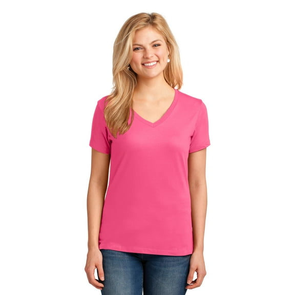 Port & Company Ladies V-Neck T-Shirt Neon Pink