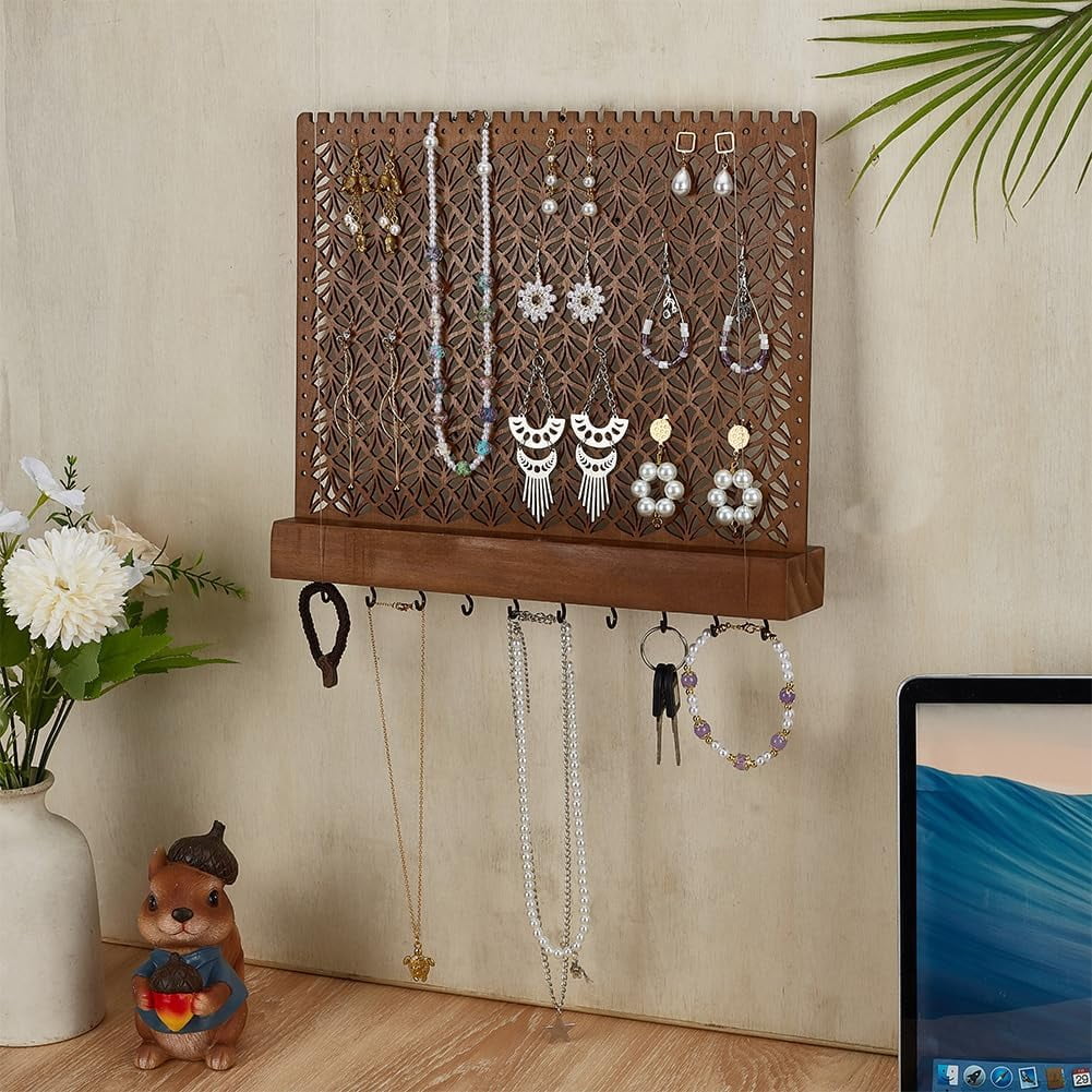 Wood Wall-Mounted Jewelry Hanging Racks Saddle Brown Jewelry Holder with Hanger Hooks Wooden Wall Hanging Organizer