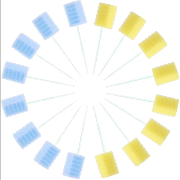 Oral Care Swabs Disposable 100 Pcs Each Individually Wrapped Packing Zigzag Wave Shaped Blue Yellow Dental Sponge Swabsticks Unflavored for Mouth & Gum Cleaning soft Foam Tip