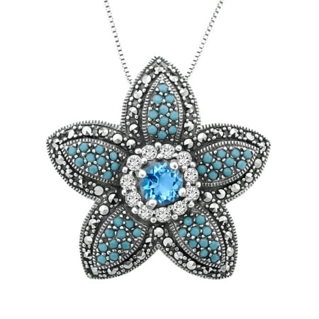 Marcasite Flower Slide Necklace Pendant with Cubic Zirconia in Sterling Silver