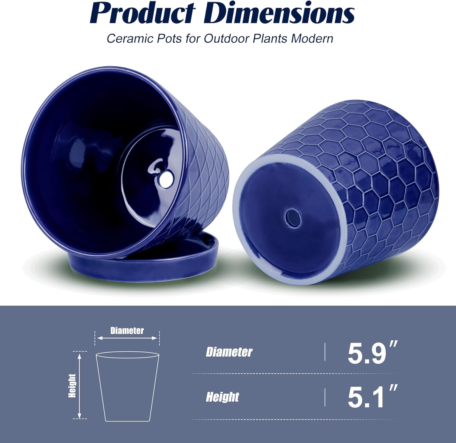 BUYMAX Plant Pots Indoor –6 inch Ceramic Flower Pot with Drainage Hole and Ceramic Tray - Gardening Home Desktop Office Windowsill Decoration, Set of 2(Blue)