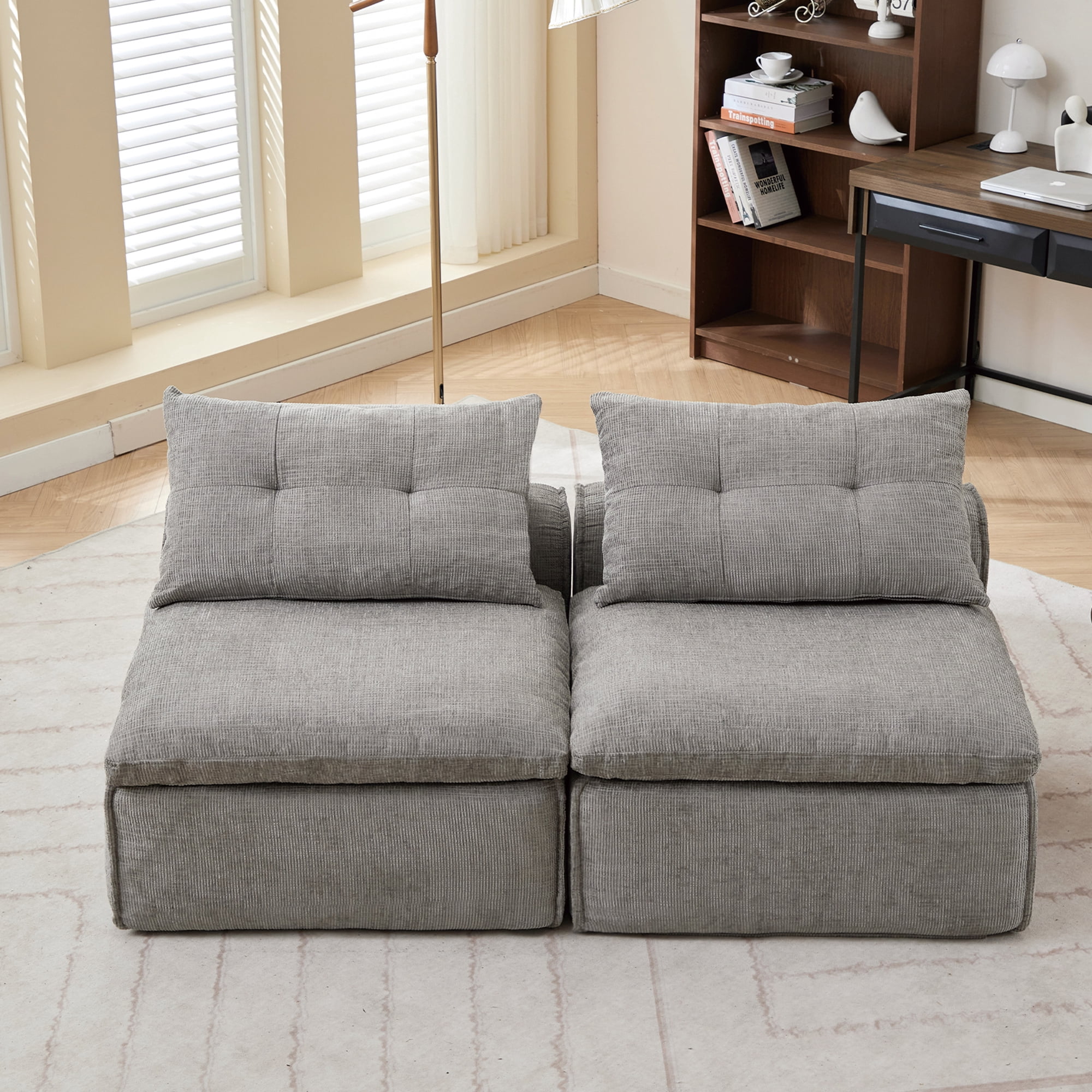 Miniyam Modular Floor Sofa with Lumbar Pillow, Armless Chenille Lounge Chair for Small Spaces, Gray