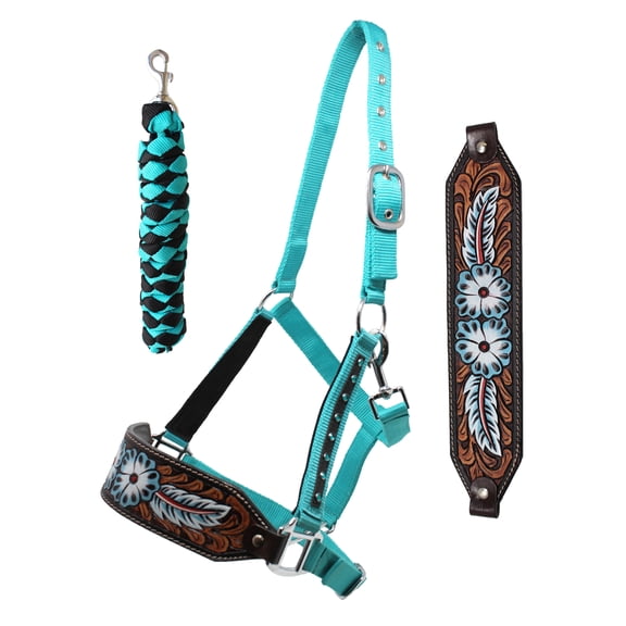 Challenger Horse Noseband Tack Bronc Leather HALTER Tiedown Lead Teal 280HR16