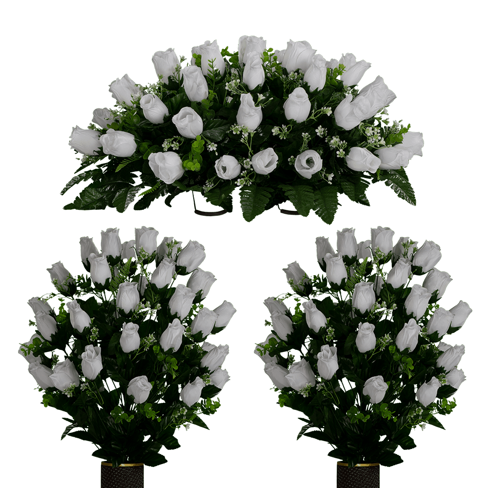 Sympathy Silks Artificial Cemetery Flowers White Rose Buds Two Bouquets