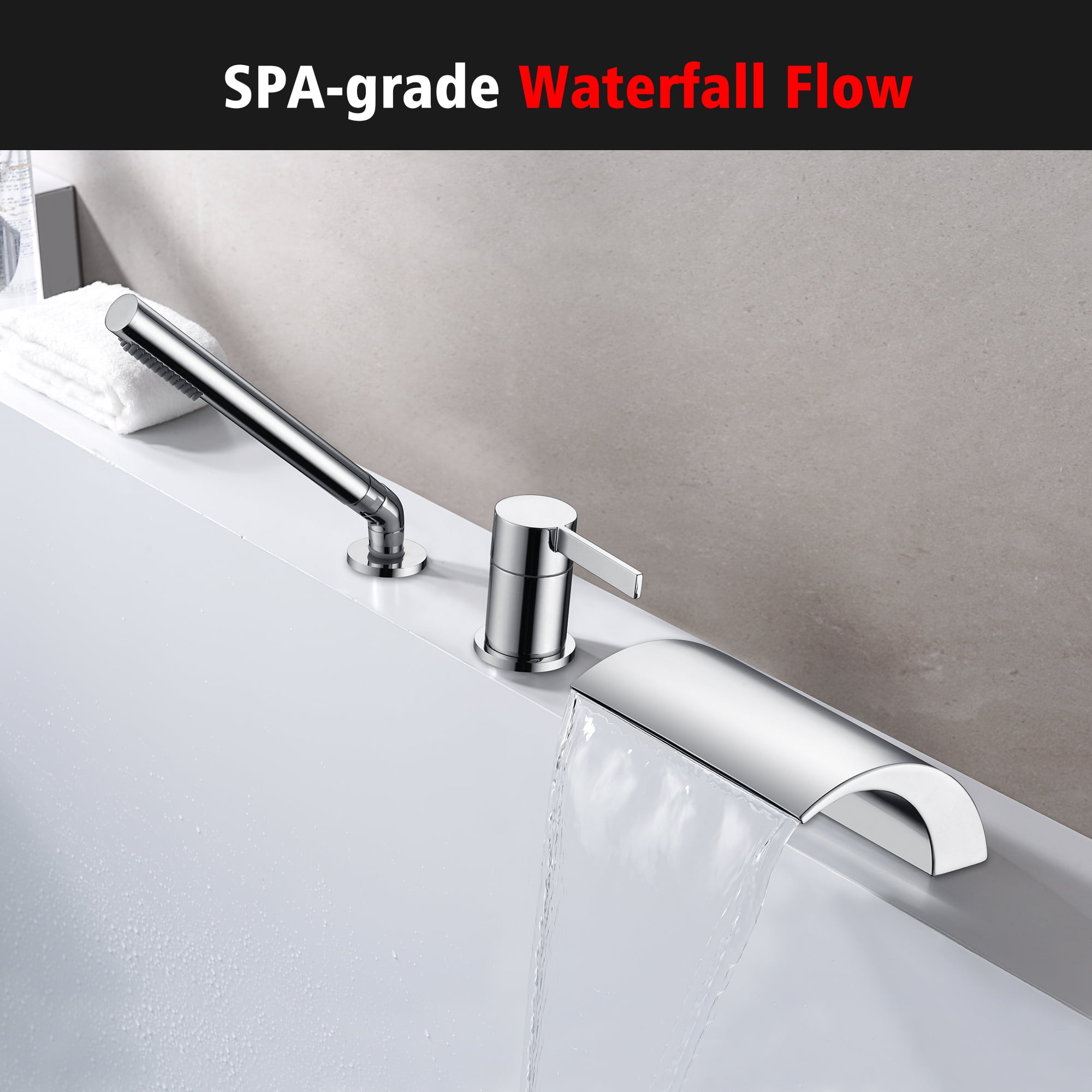 SUMERAIN Waterfall Bathroom Roman Tub Faucet with Handheld Sprayer, 3 Holes Deck Mounted Bathtub Faucet Chrome Finish