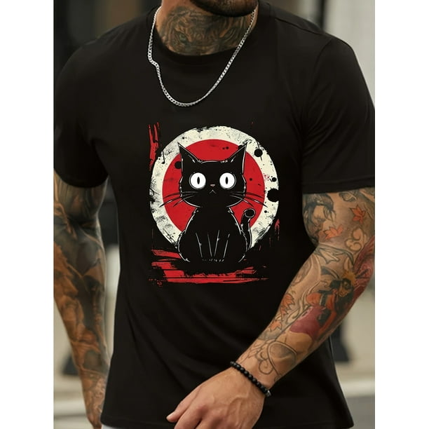 Camiseta informal de algodón DERNM para hombre: manga corta, cuello redondo y estampado de gato único | Lavable a máquina