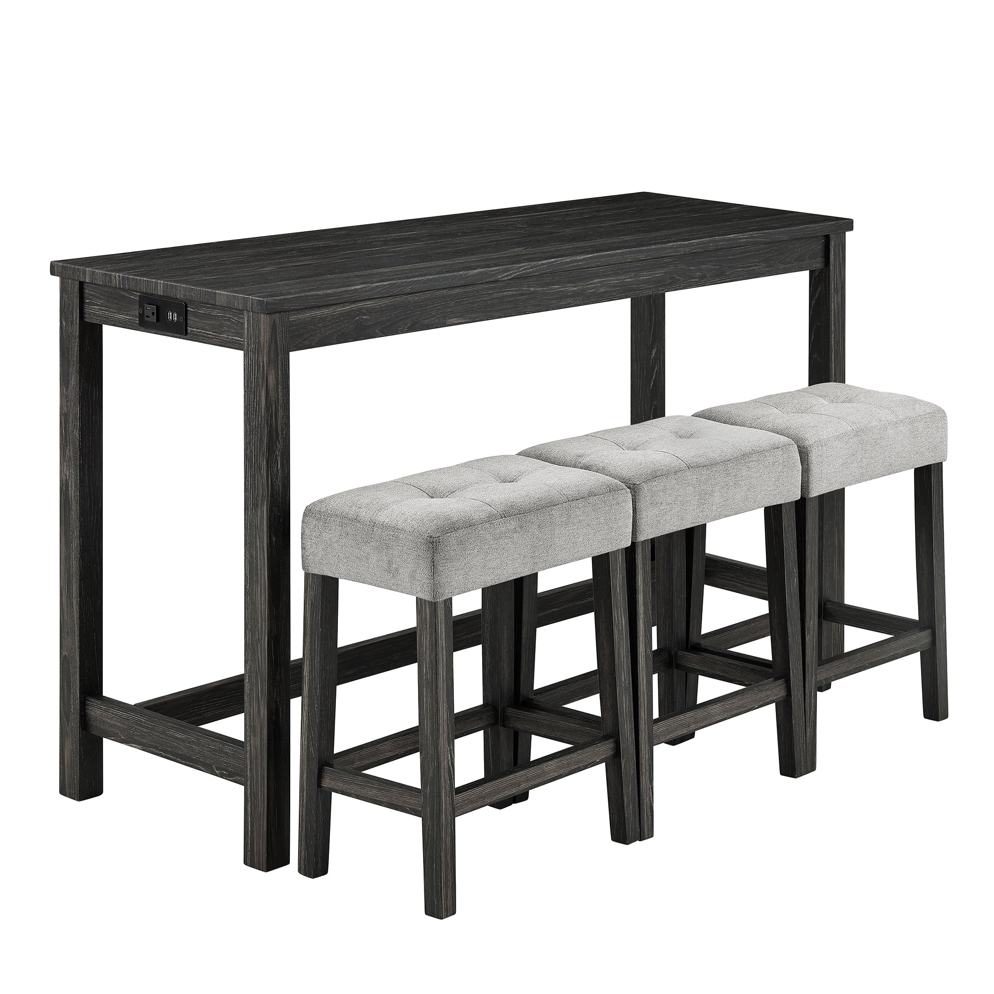 Leumius 4 Piece Bar Table Set with Power Outlet,Rustic Industrial Style Breakfast Table with 3 Padded Stools,Dining Bar Table and Chairs Set for Living Room, Dining Room, Game Room,Black