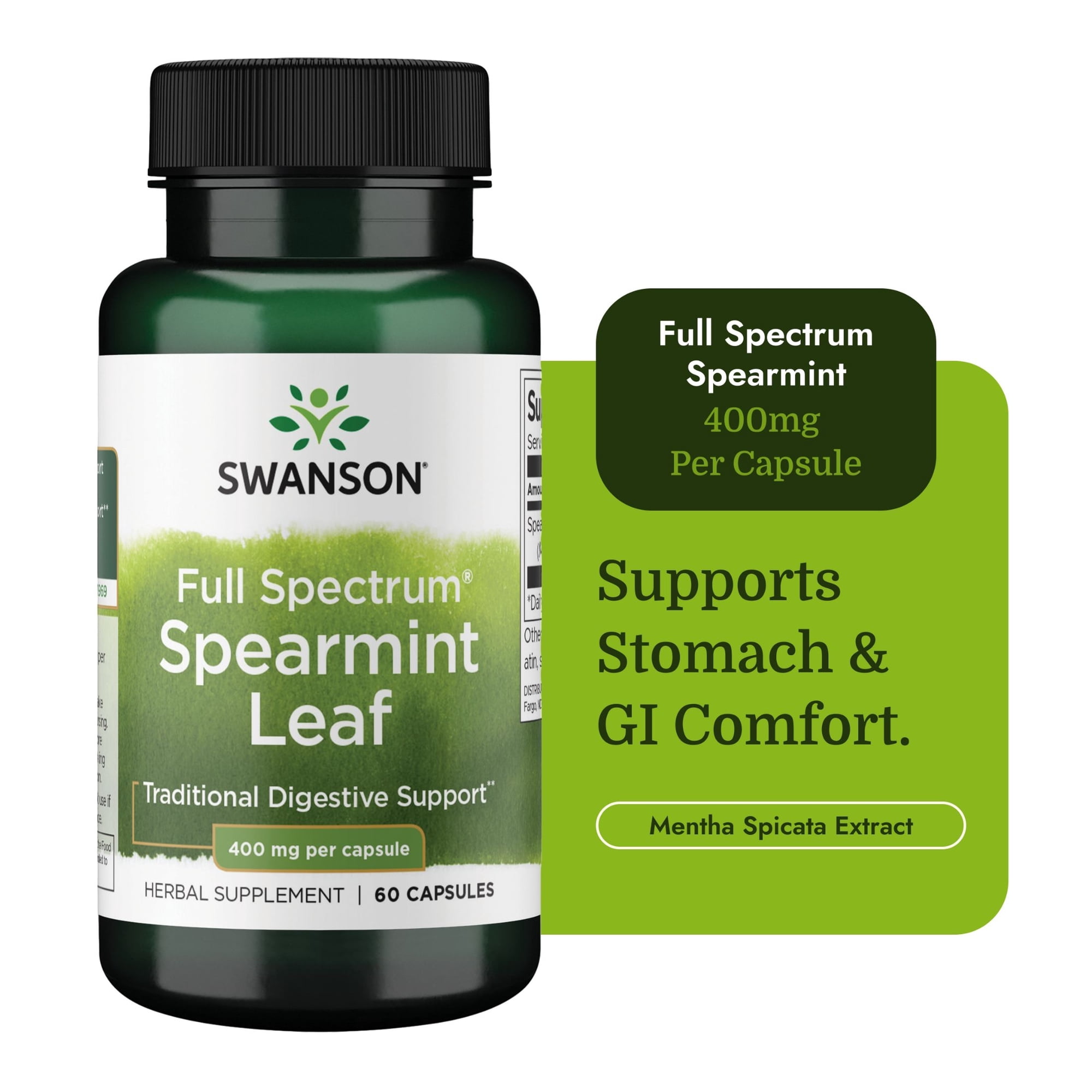 Swanson Spearmint Leaf (Mentha Spicata) - Full Spectrum Herbal Supplement Supporting Digestive Health & Mild Stomach Issues - (60 Capsules, 400mg Each)