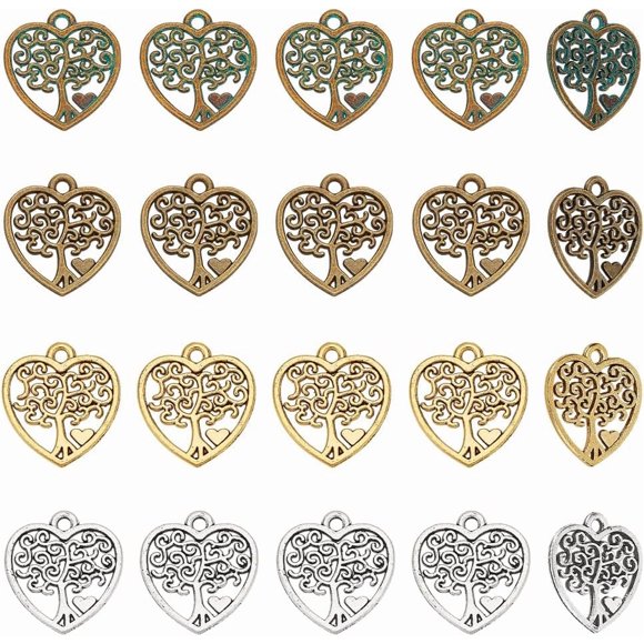 120 piezas de 4 colores de dijes de árbol de la vida de corazón de estilo tibetano, dijes de corazón huecos, colgantes de metal, dije de amor de planta de la suerte