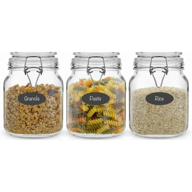 czcpp-Airtight Glass Jars with Lids Set of 3. 32oz Glass Jar with Lid and 6 Silicone Seals! Med Glass Food Storage Containers. Square Mason Jar, Candy Jar, Sugar Jar, Pasta Containers for Pantry