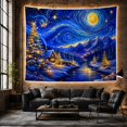 thumbnail image 6 of Deep blue snowy cabin valley beneath swirling stars, Painterly winter fantasy Style for Winter landscape enthusiasts, Thoughtful Gift for Living room, bedroom, reading nook, Tapestry Wall Hanging, 6 of 7