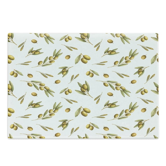 Leaf Cutting Board, Mediterranean Watercolor Branches and Leaves of Olives with Nature Art Print, Decorative Tempered Glass Cutting and Serving Board, Large Size, Green Yellow Olive, by Ambesonne