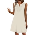 thumbnail image 2 of Wovilon Women's Sleeveless Crew Neck Shift Mini Dress with Crochet Lace Front, Relaxed Loose Fit A-Line Silhouette, Lightweight Breathable Stretchy Polyester Blend Solid Color, 2 of 5