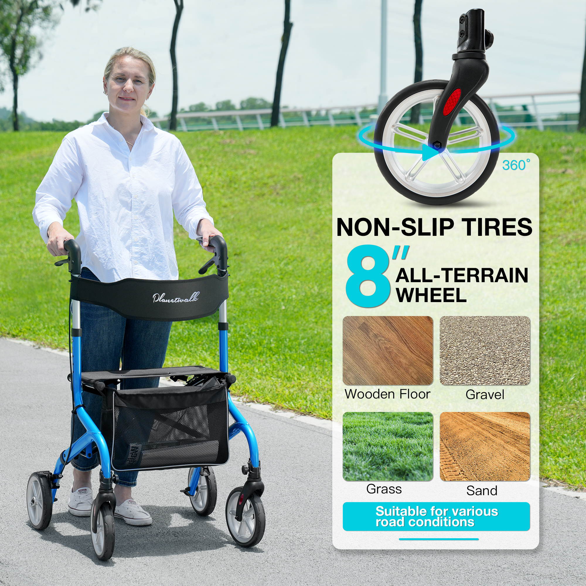 PLANET WALK Super Lightweight Rollator for Seniors, Foldable with Seat & 8" All-Terrain Wheels, Durable Aluminum Frame for Travel - Blue