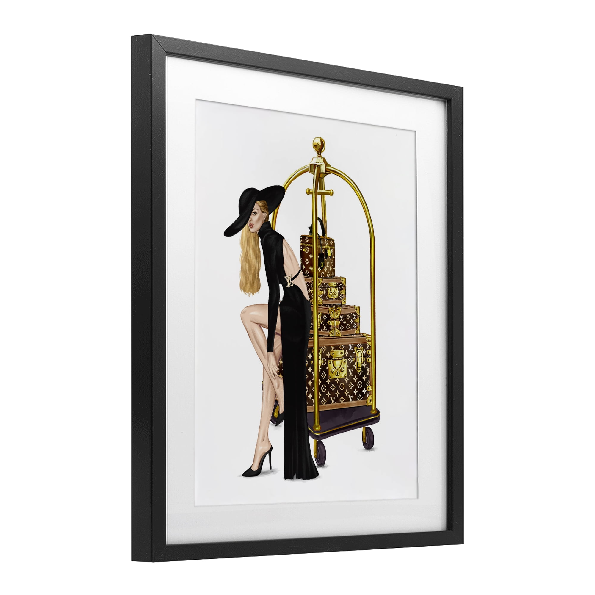Fashionista with Hotel Luggage Black Framed Print Under Glass, design by Ziwei Li