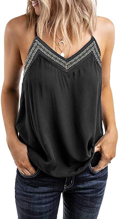 Pink Queen - Women's V Neck Strappy Embroidery Tank Tops Loose Casual ...