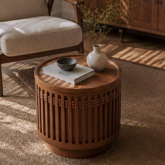 CQSXDA 18.9 Inch Round Wooden End Table in Walnut, Boho Accent Wooden Side Table with Grille Design and Hidden Storage for Living Room Bedroom Decor