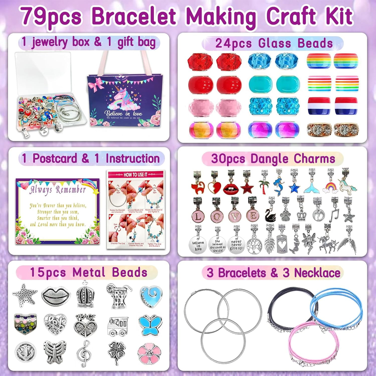 Coo&Koo Girls Charm Bracelet Making Kit: Girl Toys Make Jewelry Supplies Set Unicorn DIY Craft Art Set Charm Bracelets Kits Creative Birthday Gifts for Girl