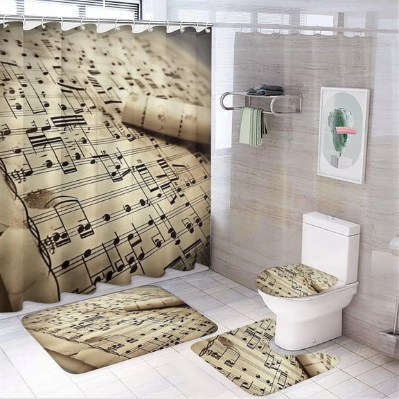 Bathroom Set, Sheet Music Printed Bathroom Set,Bathroom Set 4-Piece Set,Bathroom Set with Shower Curtain Sets and Carpet