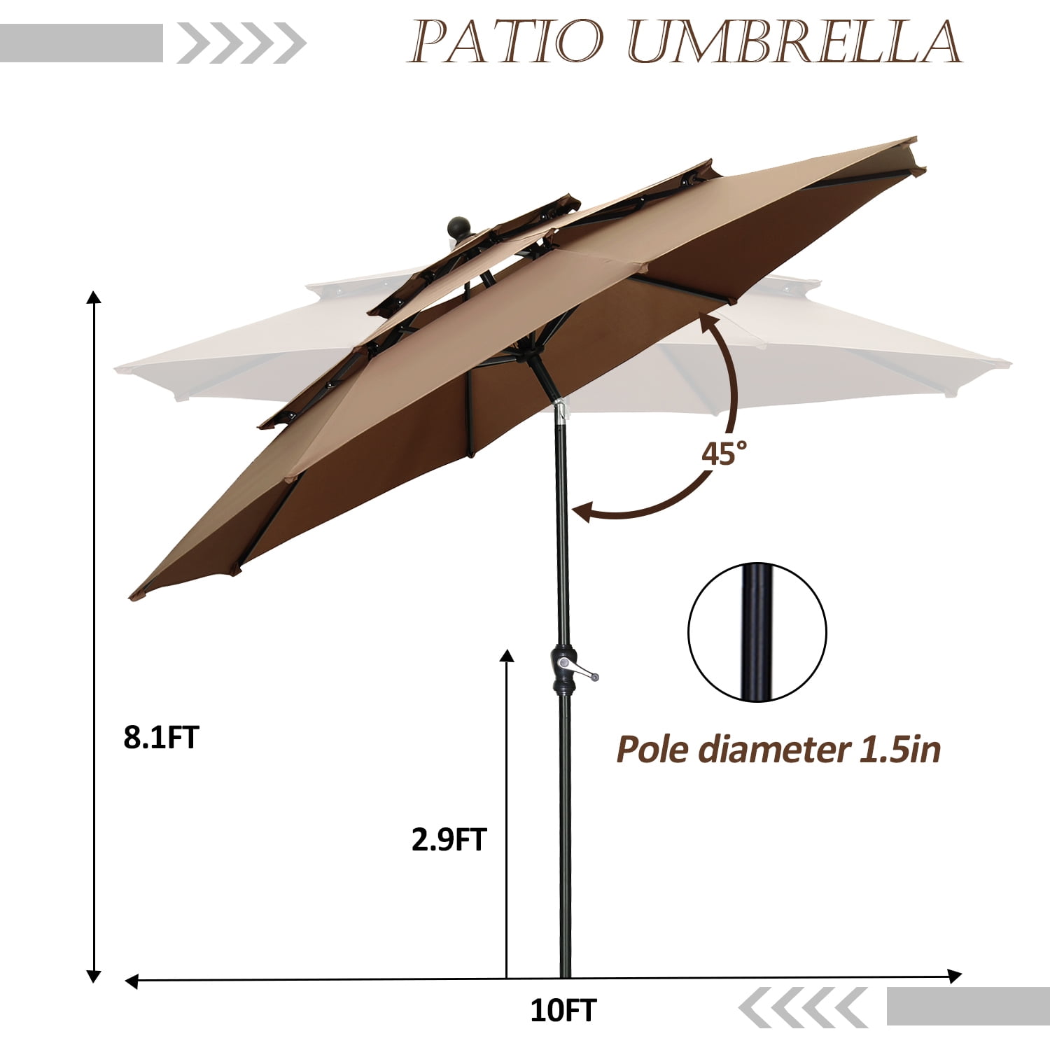 Autlaycil 10ft Brown Outdoor Patio Umbrella with 3 Tiers, Push Button Tilt and Crank for Garden Lawn Backyard Pool