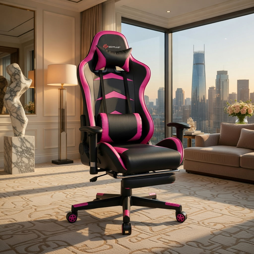 Demi Bonn Massage Gaming Chair with Footrest, Computer Chair with Headrest and Lumbar Support, Pink