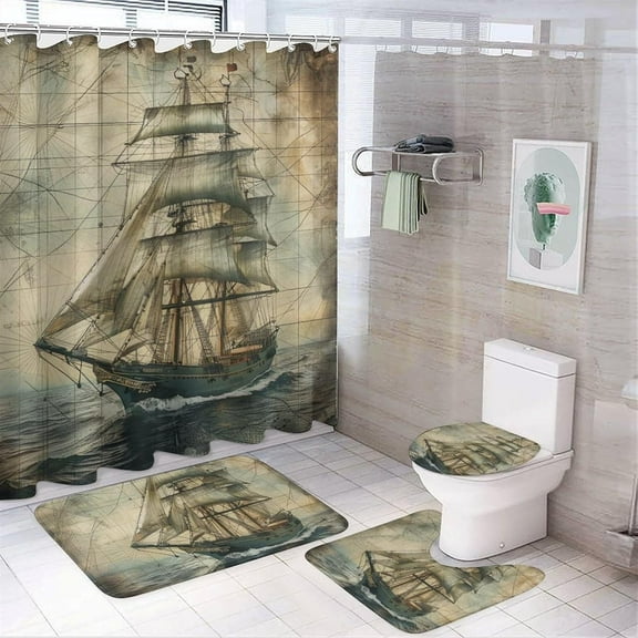 4Pcs Ocean Sailboat Nautical Shower Curtain Set with Rugs, Toilet Lid Cover and Bath Mat, Retro Abstract World Map Bathroom Curtains Decor Shower Curtains, 72" x 72"