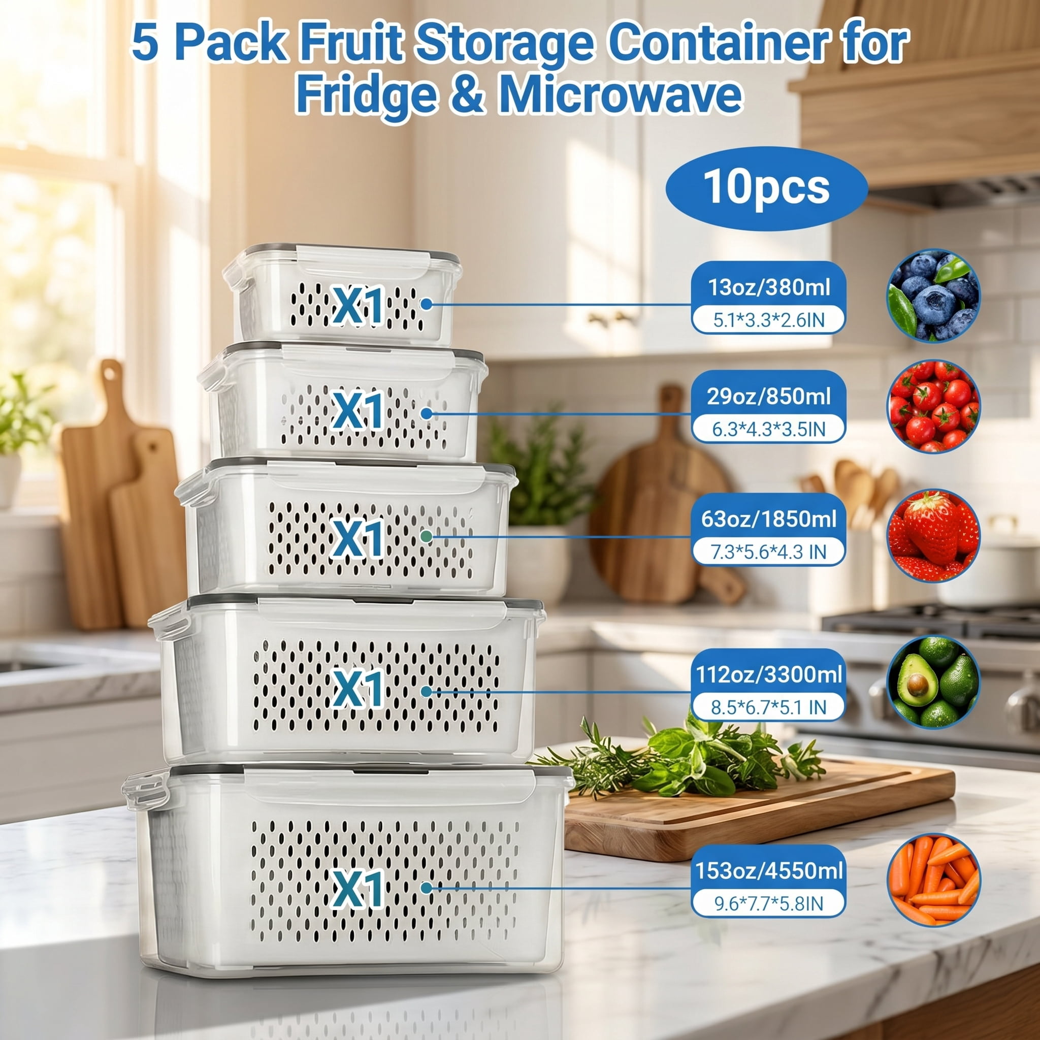 5-Pack Large Refrigerator Fruit Storage Containers with Handles, Leakproof Produce Saver with Removable Drain Colander