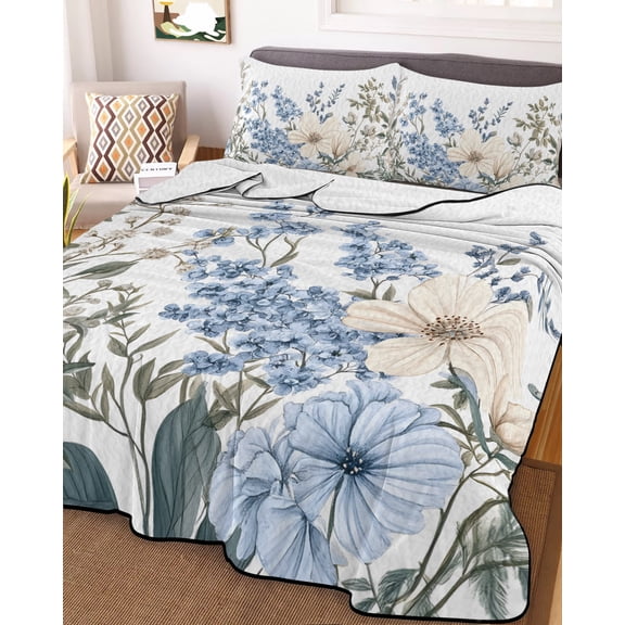 Blue Floral Spring Queen Size Down Alternative Comforter, Lightweight Comforter Quilt Bedding Set with Pillow Shams Vintage Summer Botanical Flower All Seasons Bed Comforter Duvet Insert 90"x96"