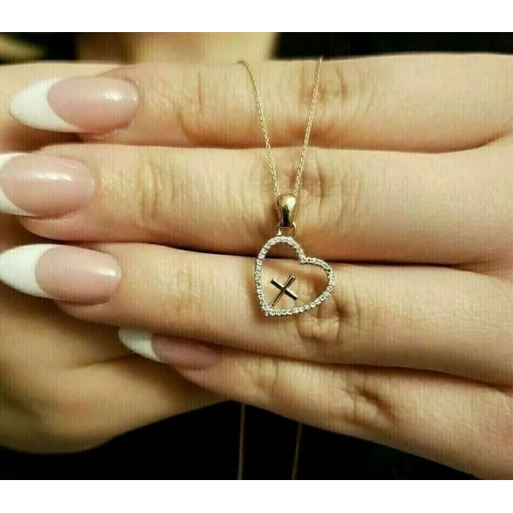 Heart With Cross Lab Created Diamond 1Ct Round Pendant 14K Yellow Gold Plated