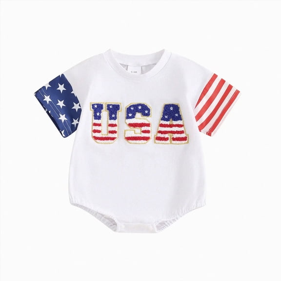 CAICJ98 4th of July Baby Boy Girl Outfit Newborn Infant USA T Shirts Oversized Romper Toddler Onesie Fourth Of July Clothes (White,6-12 Months)