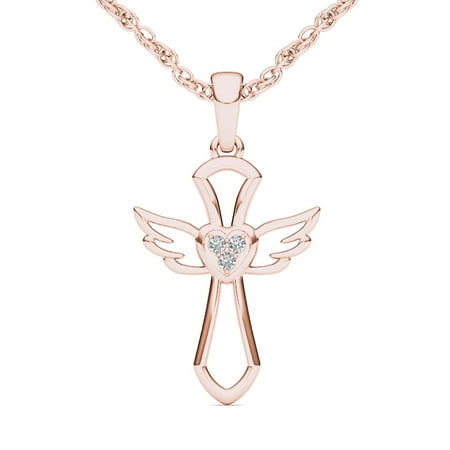 - 1/20 Carat T.W. Diamond 10kt Rose Gold Angel Wings Cross Necklace