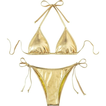 Women s Metallic Halter Top Two Piece Swimsuit Tie Side Triangle Bikini