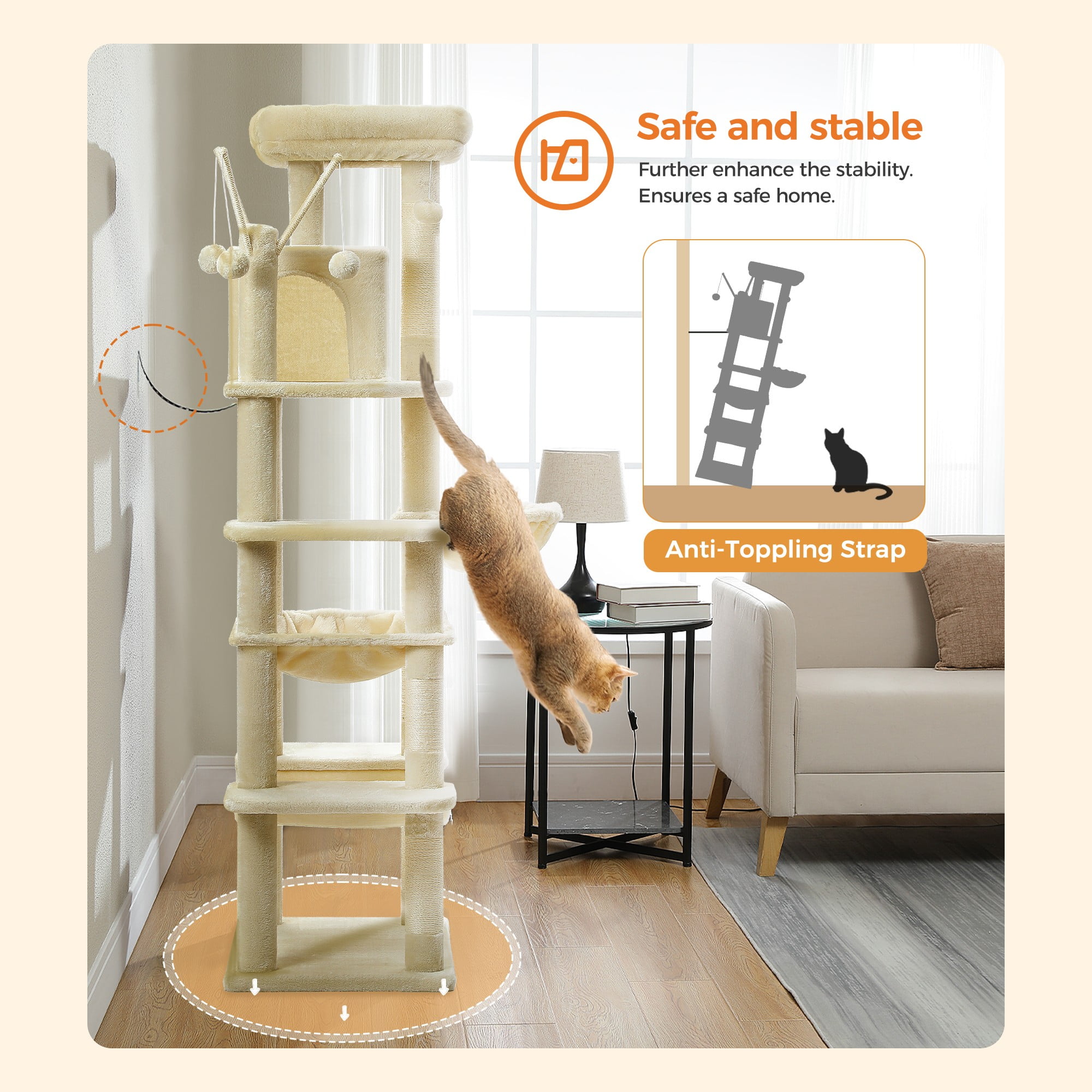 Kadyn 69" Cat Tree Tower for Indoor Large Cats, Fat Cats with Big Hammock, Cat Climbing Tree with Scratching Posts, Condo House and Top Perch, Beige