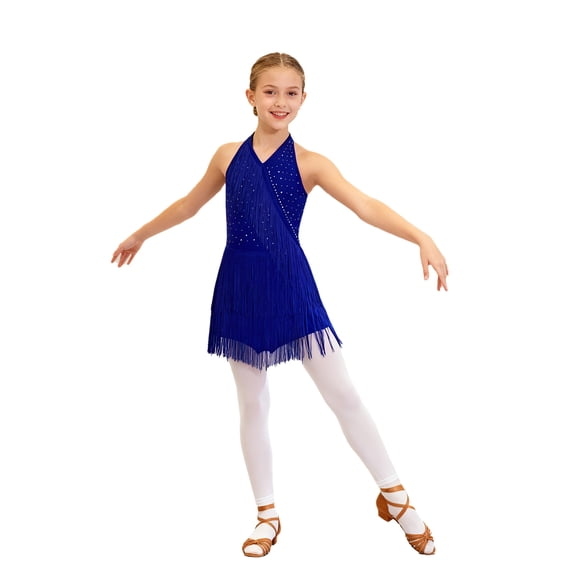 Zaldita Kids Girls Sleeveless Latin Jazz Salsa Dance Dress Sparkly Halter Fringe Skirted Leotard Ballroom Dancewear Blue 14