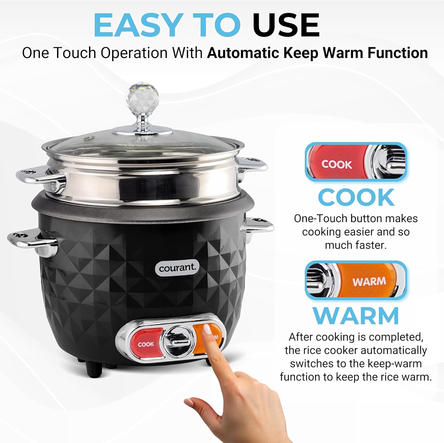 10-Cup Rice Cooker and Steamer with One-Touch Operation, Automatic  Warm Function,  Accents, Black