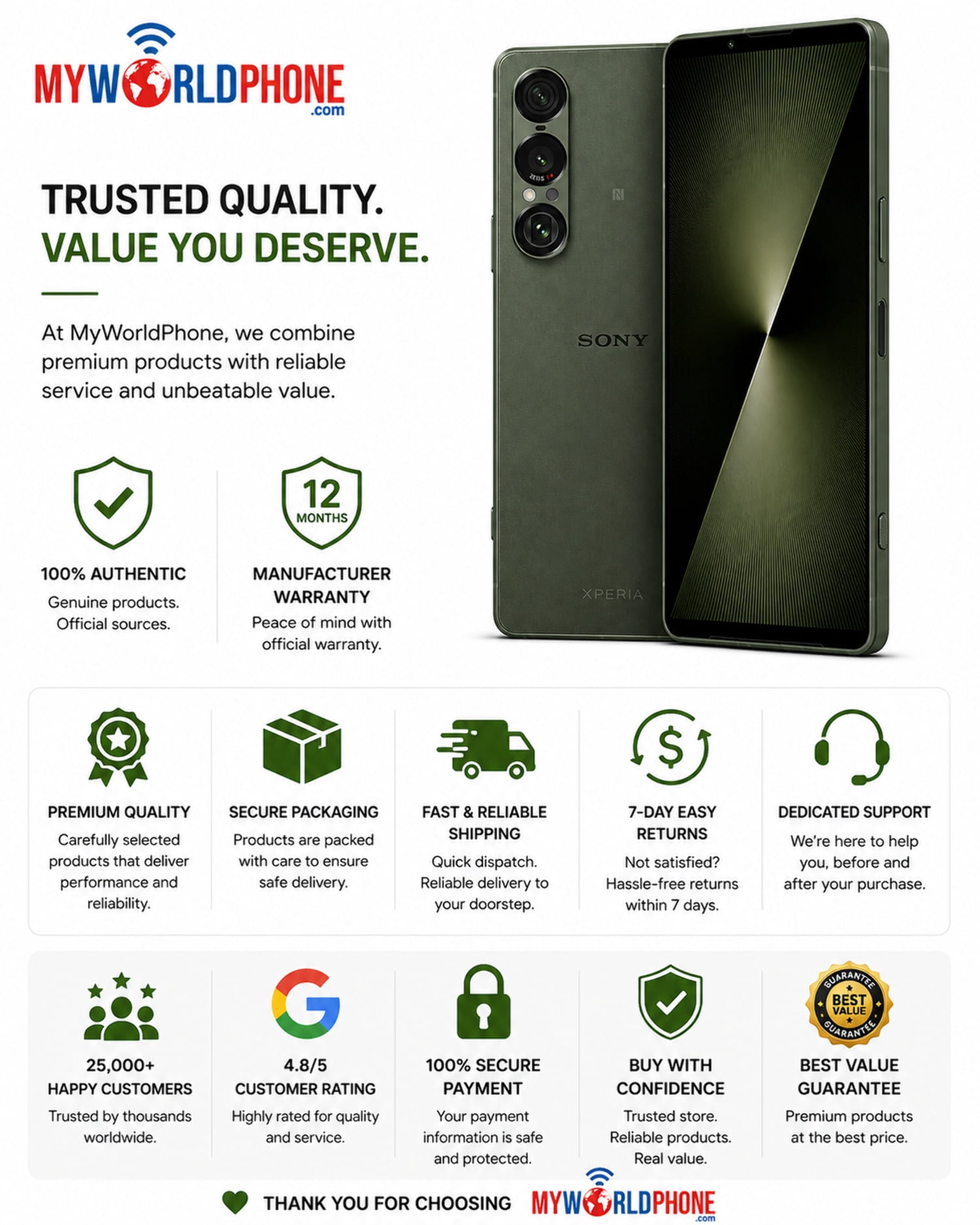 Sony Xperia 1 VII XQ-FS72 5G Dual SIM 512GB ROM 12GB RAM GSM Unlocked - Green