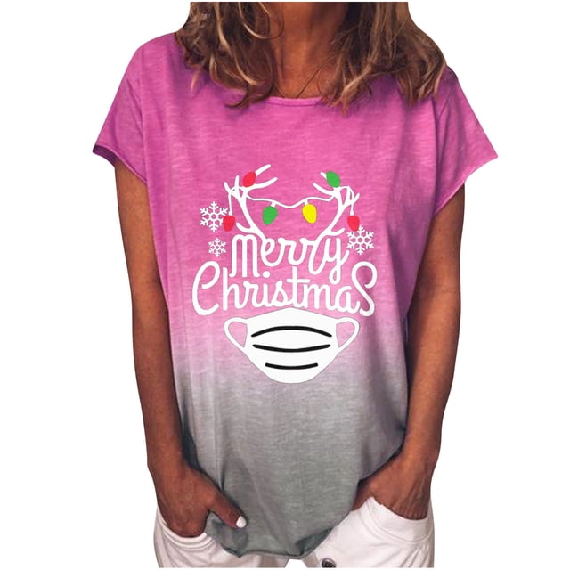 Camiseta de manga corta con estampado de cuello redondo a la moda navideña para mujer, blusa suelta informal, Tops Fridja gope877