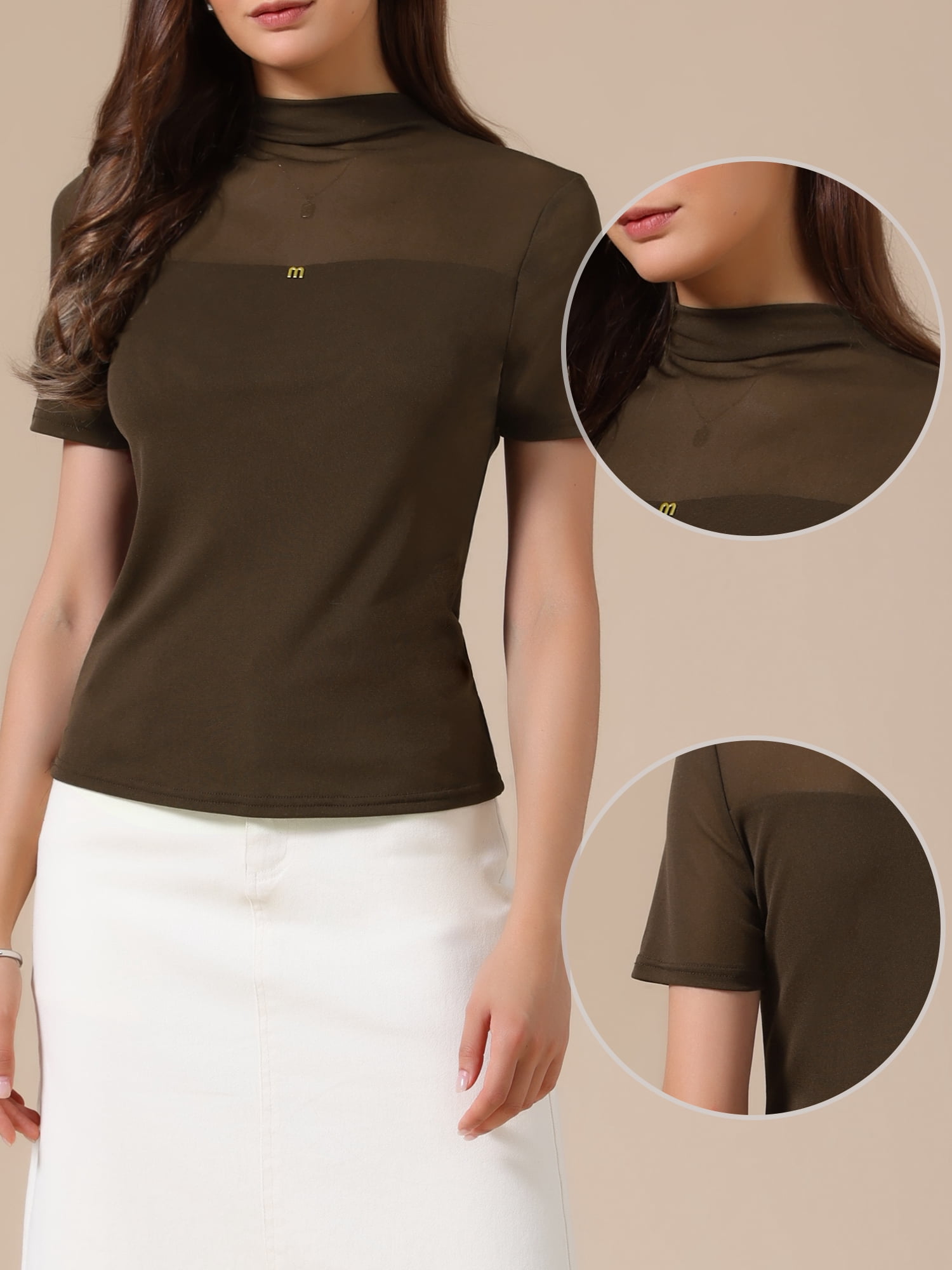 DARING DIVA Women's Mock Turtle Neck Short Sleeve Top Sheer Mesh Shirts L Coffee