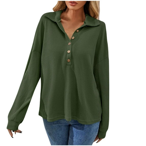 Scyoekwg Womens Tops Button Lapel Tunic Shirts Lightweight Loose Tshirt Long Sleeve Solid Color Tops for Women Trendy Dressy Casual Blouses (Army Green,XL)