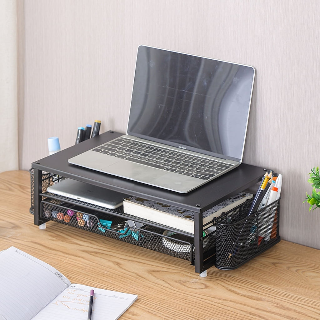 Yammee Screen Stand with Ventilation Drawer Pen Cup Double-Layered Metal Laptop Stand with Side Storage Desk Organizers