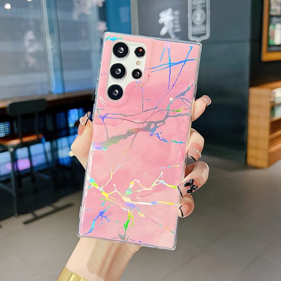 Compatible with Samsung Galaxy S22 Ultra Case for Women Girls Sparkle Marble Design Slim Thin Stylish Geometric Cover for for Samsung S 22 Ultra 5G (2022), Pink Marble