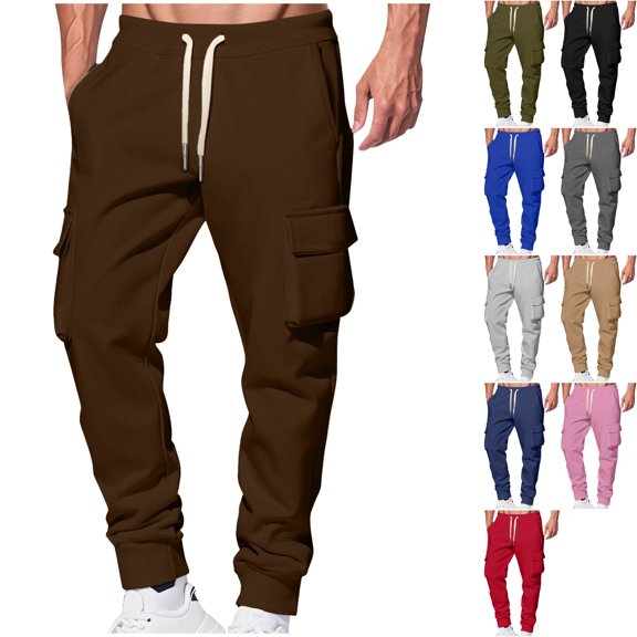 Men's Heavyweight Cargo Sweatpants Winter Warm Tapered Joggers with Flap Pockets Drawstring Waist Active Bottoms for Lounge Everyday Fall